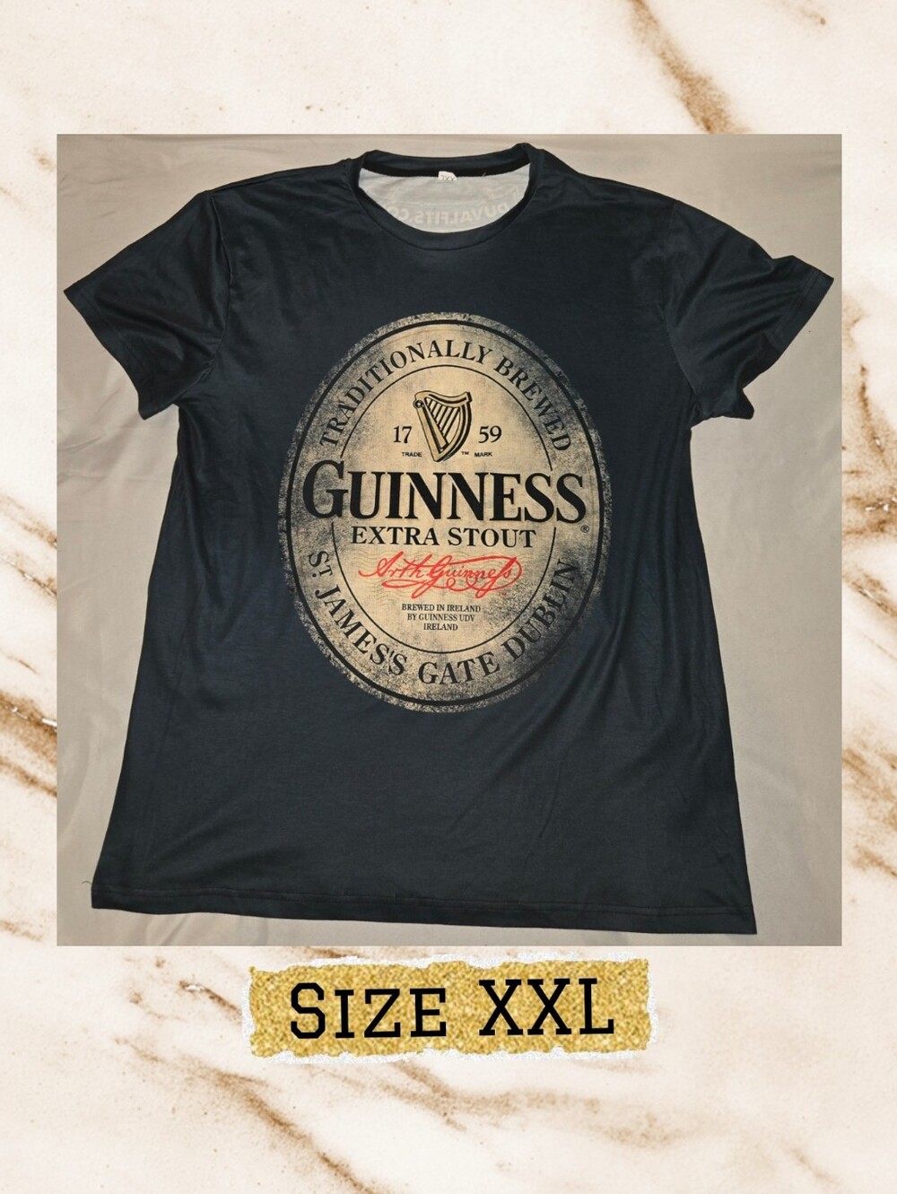Guinness Black Short Sleeve Tee with Vintage Label Graphic Sz XXL
